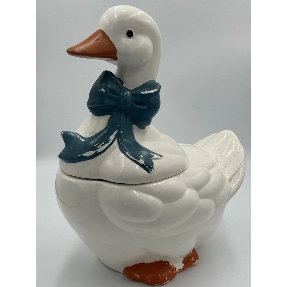 Ceramic Duck Cookie Jar with Blue Bow and Lid, Animal Kitchen Decor